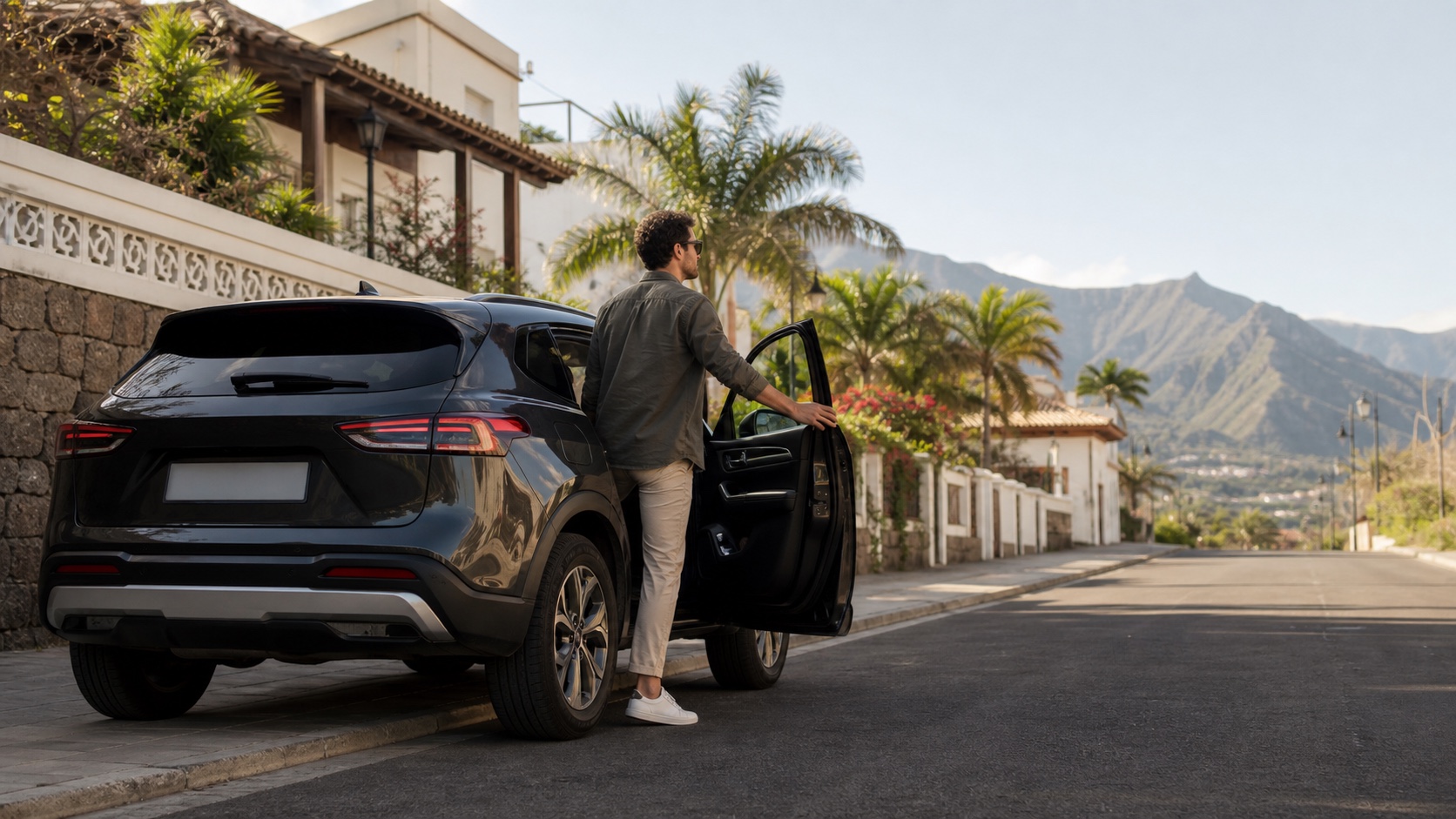 Conductor junto a su coche en Tenerife